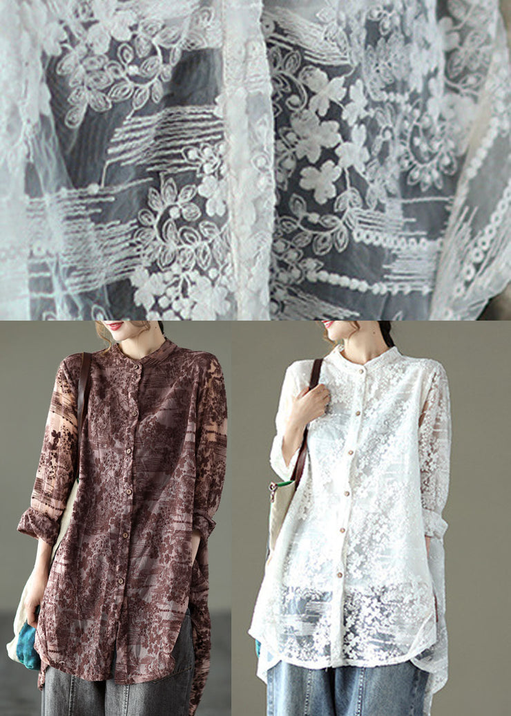 Natural Black Stand Collar Embroideried Lace Long Shirt Long Sleeve