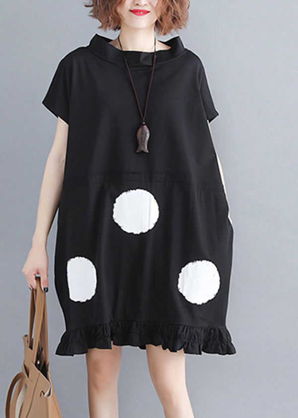 Natural Black Stand Collar Ruffled Dot Print Holiday Dresses Short Sleeve