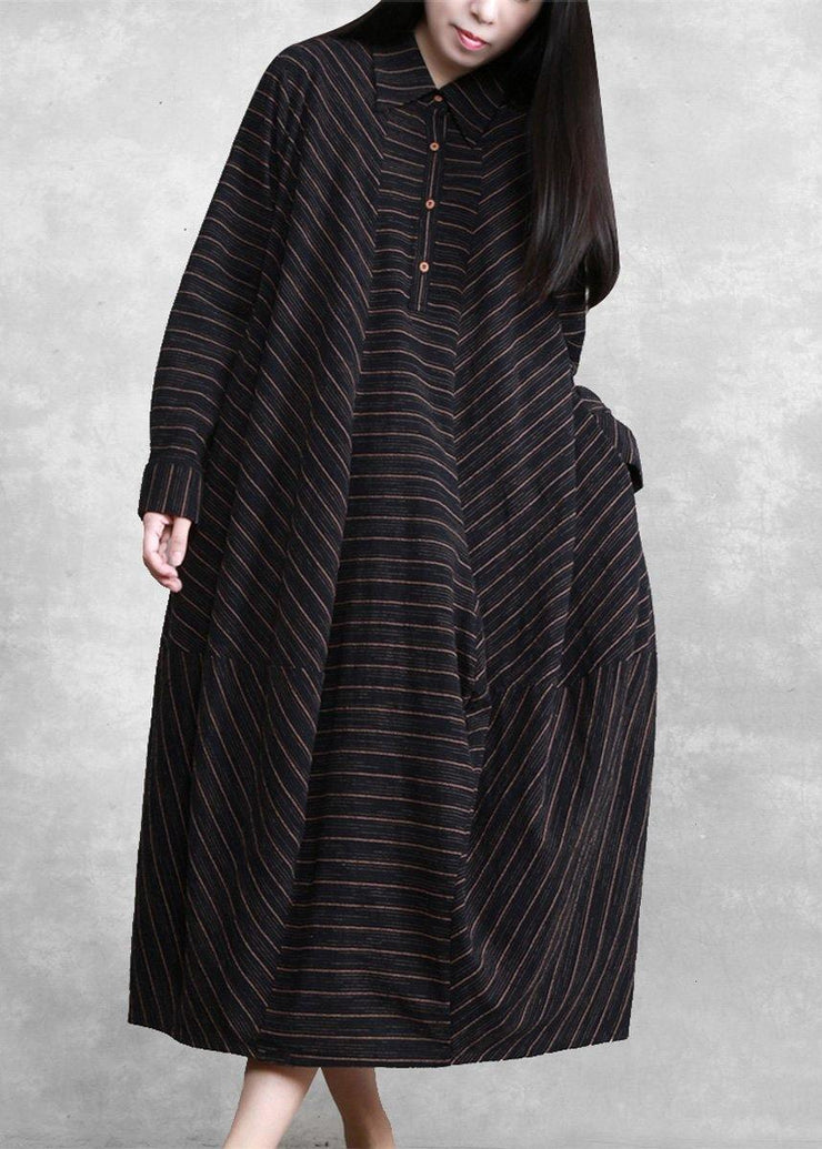 Natural Black Striped Linen Dresses Spring Gown - bagstylebliss