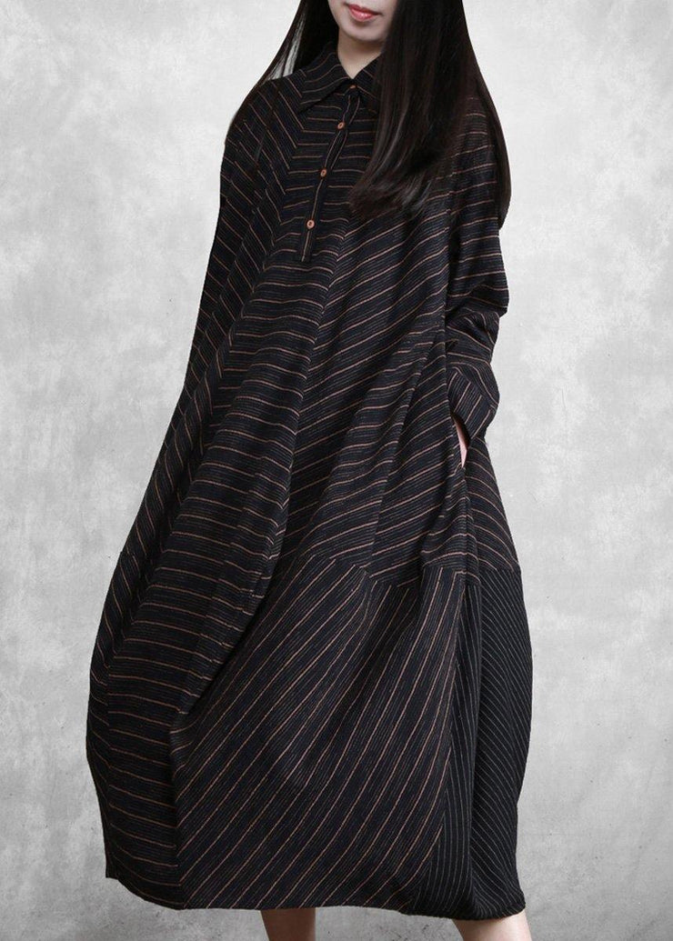 Natural Black Striped Linen Dresses Spring Gown - bagstylebliss