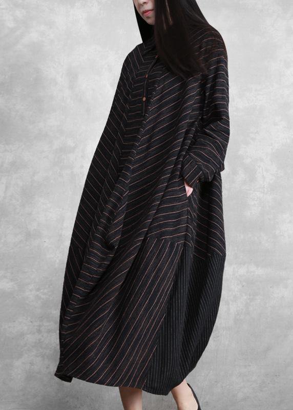 Natural Black Striped Linen Dresses Spring Gown - bagstylebliss