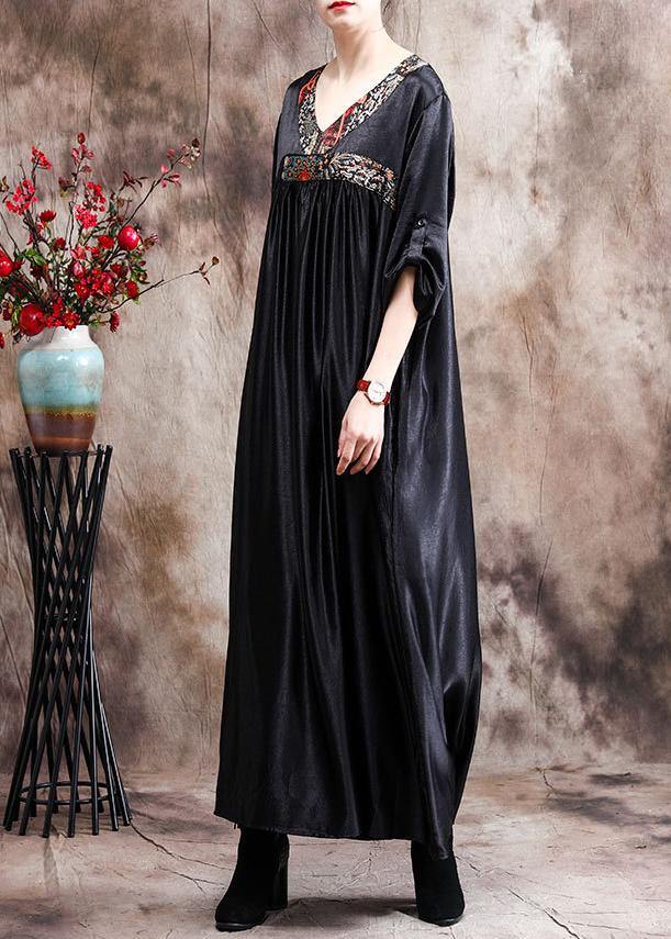 Natural Black Oversize Caftans Gown V Neck Patchwork Baggy Dress - bagstylebliss