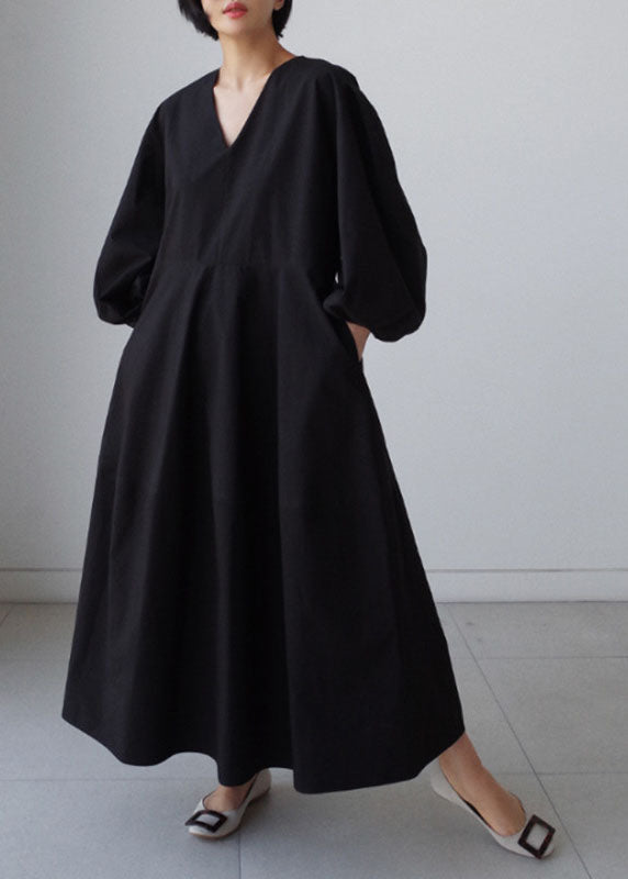 Natural Black V Neck lantern sleeve Cotton Party Dress