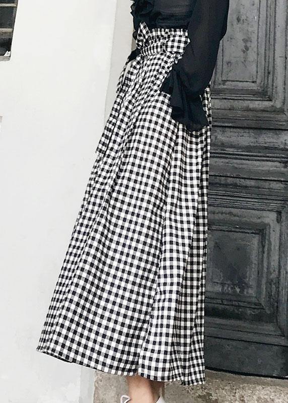 Natural Black White Plaid Bow A Line Summer Skirt Cotton - bagstylebliss