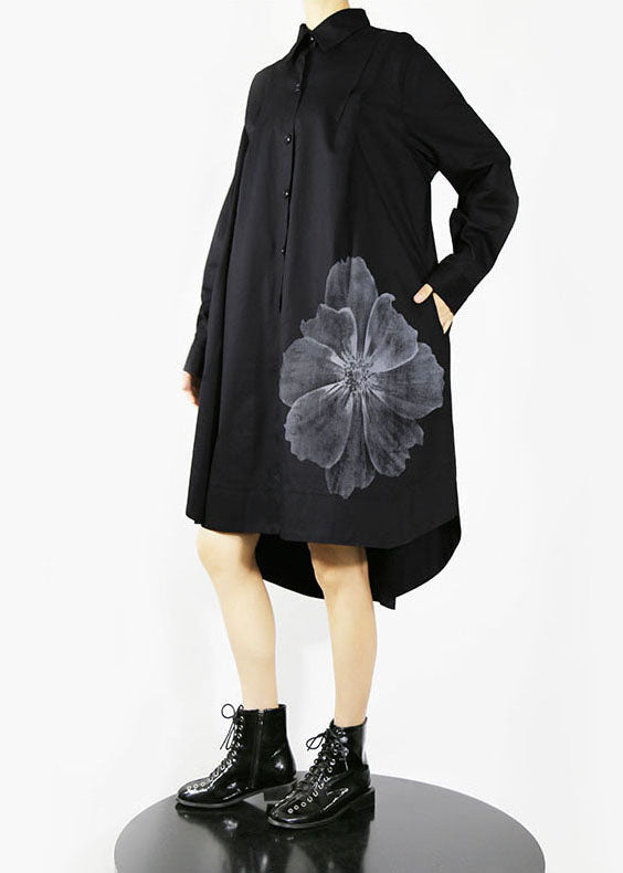 Natural Black button Peter Pan Collar Floral shirt Dresses Spring