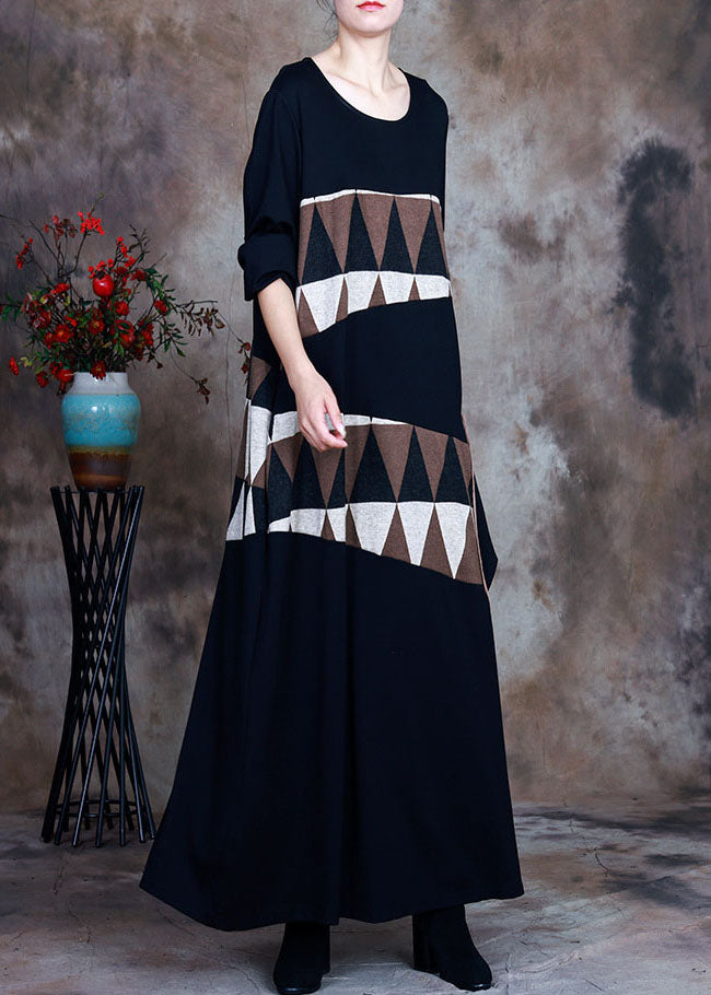 Natural Black pocket Asymmetrical Print Maxi Dresses Spring