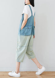 Natural Blue Casual Pockets Button Gradient Color Fall Rompers Cotton - bagstylebliss