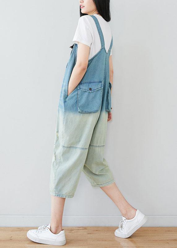 Natural Blue Casual Pockets Button Gradient Color Fall Rompers Cotton - bagstylebliss