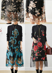 Natural Blue Embroidered Patchwork Knit Dress Fall