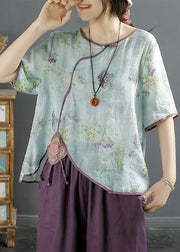 Natural Blue Embroidered Patchwork Print Linen Shirt Summer