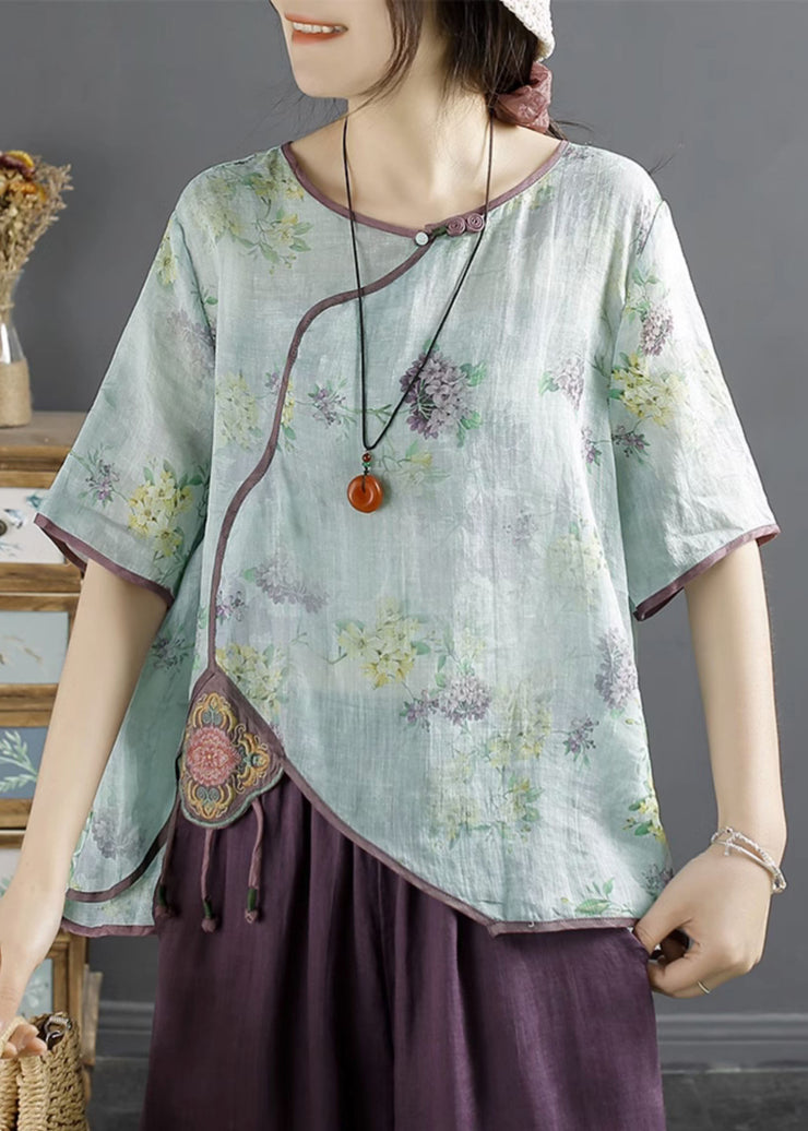 Natural Blue Embroidered Patchwork Print Linen Shirt Summer