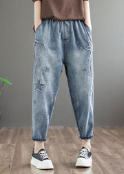 Natural Blue Embroidered Pockets Patchwork Denim Pants Summer