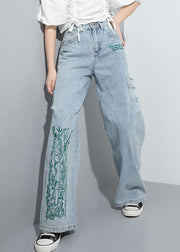 Natural Blue Hole Embroideried Pockets wide leg Pants Spring