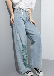 Natural Blue Hole Embroideried Pockets wide leg Pants Spring