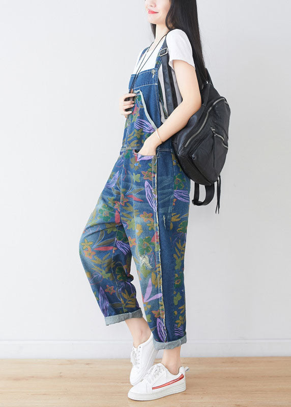 Natural Blue Hole Print Pockets Cowboy Jumpsuit Spring