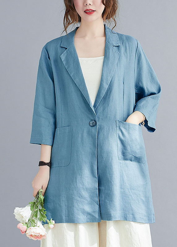 Natural Blue Notched Button Pockets Fall Three Quarter sleeve Blouse Top