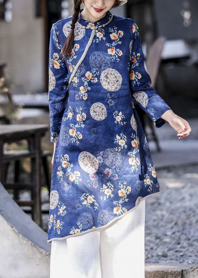 Natural Blue O-Neck Asymmetrical Print Linen Dresses Spring