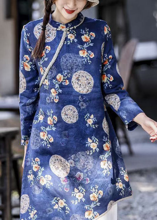 Natural Blue O-Neck Asymmetrical Print Linen Dresses Spring