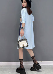 Natural Blue Peter Pan Collar Patchwork Chiffon Shirt Dress Short Sleeve