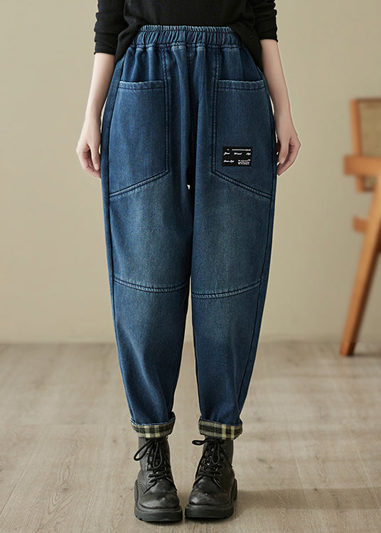 Natural Blue Pockets High Waist Warm Fleece Denim Harem Pants Winter