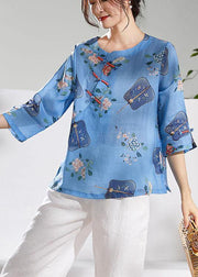 Natural Blue Print Oriental Summer Ramie Shirt - bagstylebliss