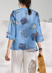 Natural Blue Print Oriental Summer Ramie Shirt - bagstylebliss