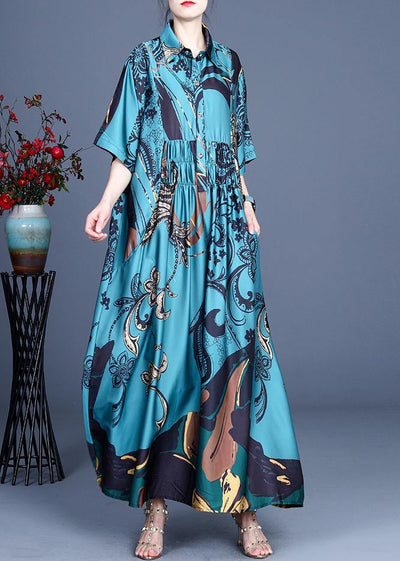 Natural Blue Print Silk Half Sleeve Dress Summer - bagstylebliss