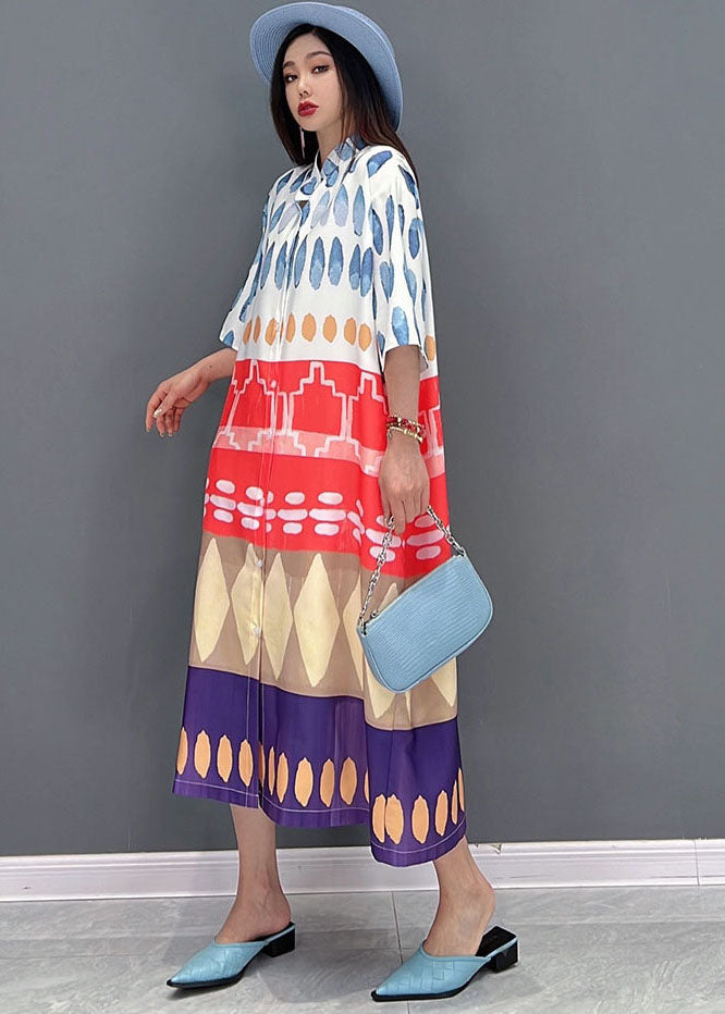 Natural Blue Stand Collar Patchwork Chiffon Shirt Dresses Half Sleeve