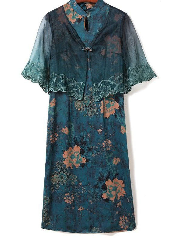 Natural Blue Stand Collar Patchwork Embroidered Silk Maxi Dress Summer