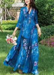 Natural Blue V Neck Print Chiffon Long Holiday Dress Long Sleeve