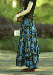 Natural Blue Wrinkled Asymmetrical Print Cotton Skirt Spring