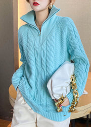 Natural Blue Zip Up cozy Knitted Tops Spring