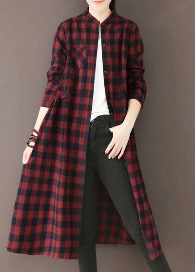 Natural Burgundy Plaid Quilting Dresses Stand Collar Pockets Long Spring Dresses - bagstylebliss