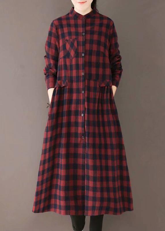 Natural Burgundy Plaid Quilting Dresses Stand Collar Pockets Long Spring Dresses - bagstylebliss