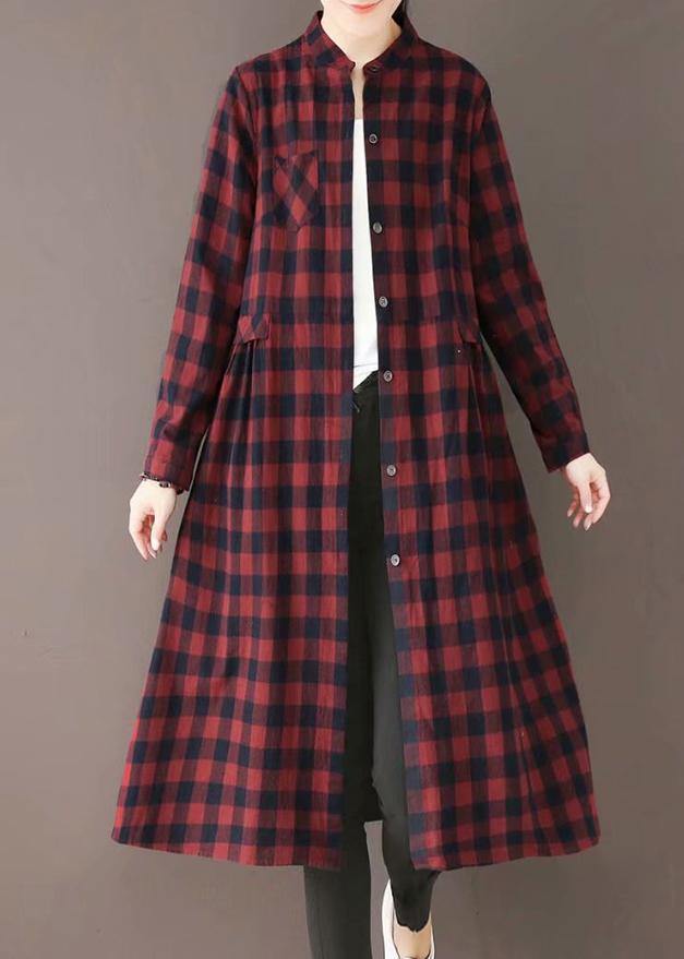 Natural Burgundy Plaid Quilting Dresses Stand Collar Pockets Long Spring Dresses - bagstylebliss