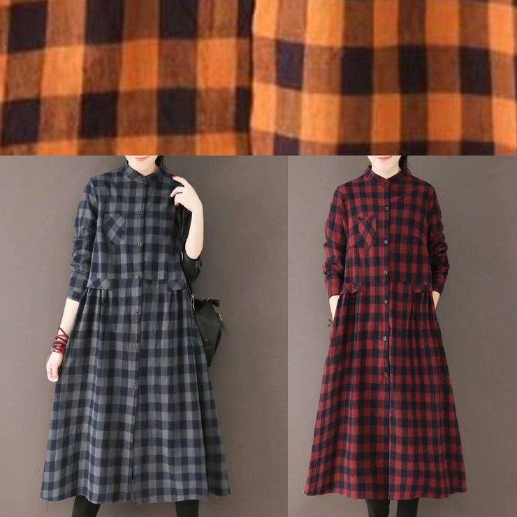 Natural Burgundy Plaid Quilting Dresses Stand Collar Pockets Long Spring Dresses - bagstylebliss