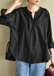 Natural Button Down Black V Neck Tops - bagstylebliss