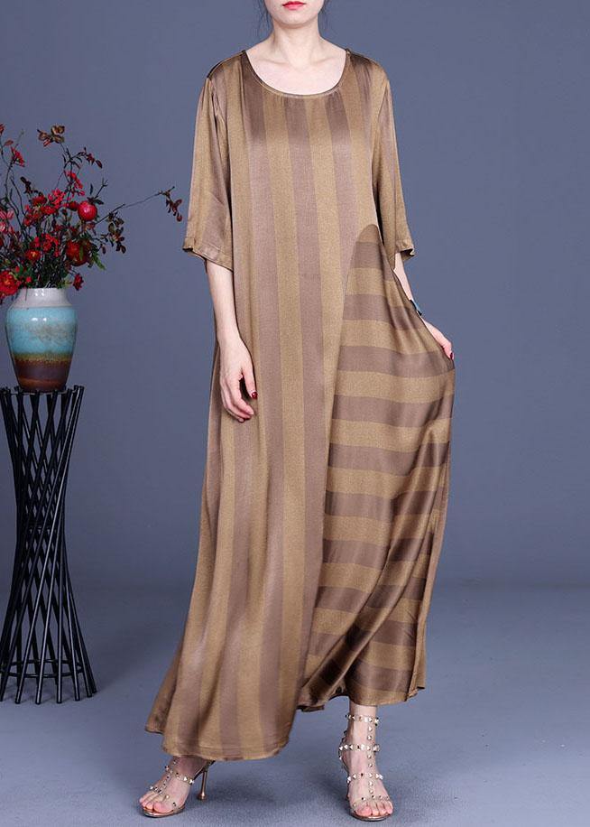 Natural Chocolate Striped O-Neck Summer Silk Party Dress - bagstylebliss
