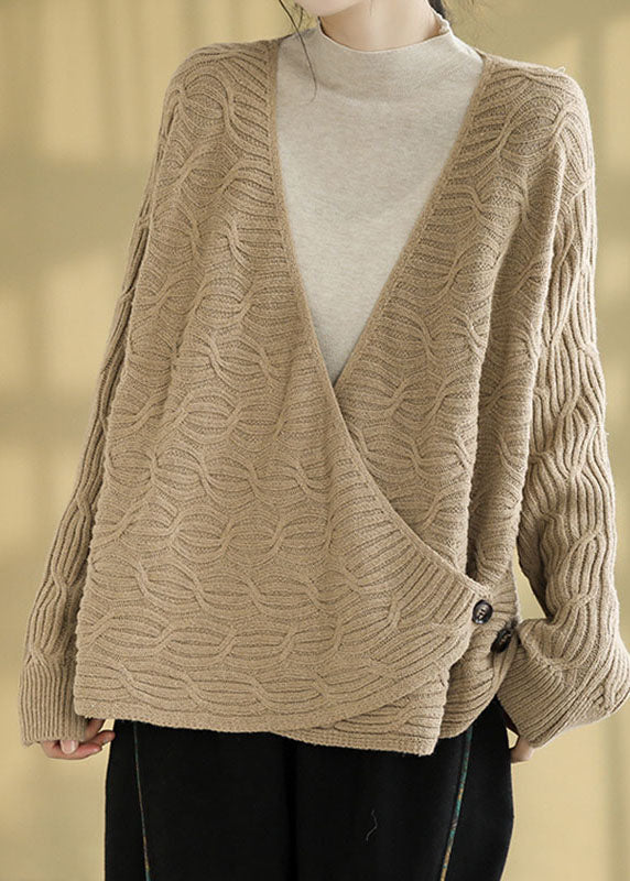 Natural Cocoa V Neck Cozy Knitted Cotton Sweaters Fall