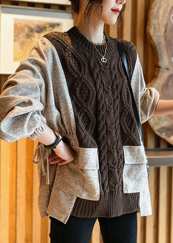 Natürlicher Kaffee-Patchwork-Taschen Cinched Dicker Herbst-Strickpullover