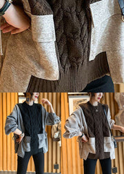 Natürlicher Kaffee-Patchwork-Taschen Cinched Dicker Herbst-Strickpullover