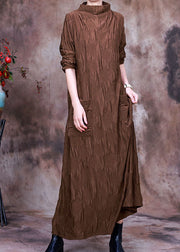 Natural Chocolate Turtle Neck Pockets Silk Dress Spring