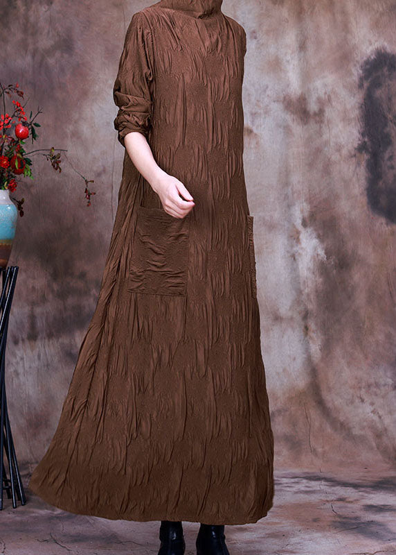 Natural Chocolate Turtle Neck Pockets Silk Dress Spring