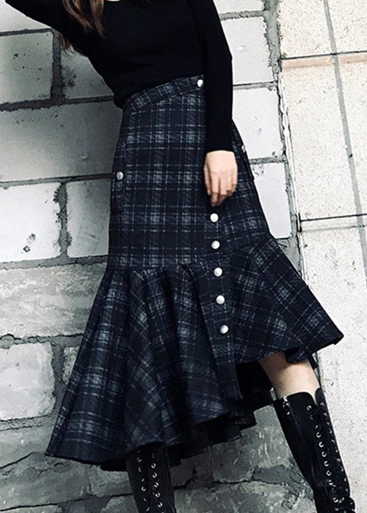 Natural Dark Grey Asymmetrical Plaid Cotton Skirts Spring