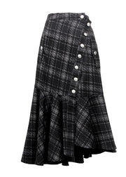 Natural Dark Grey Asymmetrical Plaid Cotton Skirts Spring