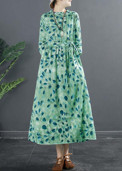 Natural Drawstring Dresses Photography Green Print A Line Dress - bagstylebliss