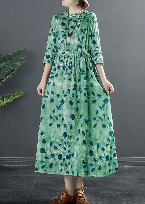 Natural Drawstring Dresses Photography Green Print A Line Dress - bagstylebliss