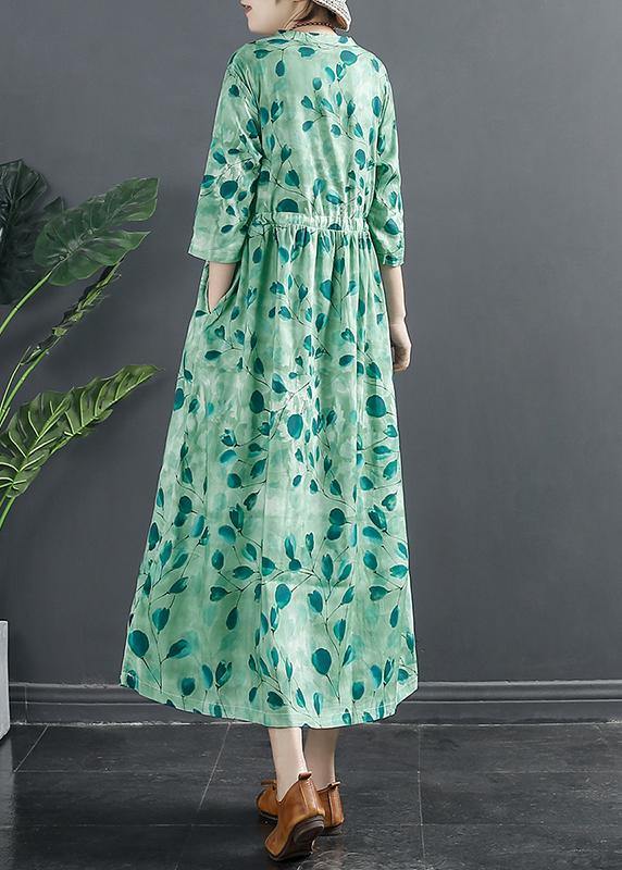 Natural Drawstring Dresses Photography Green Print A Line Dress - bagstylebliss