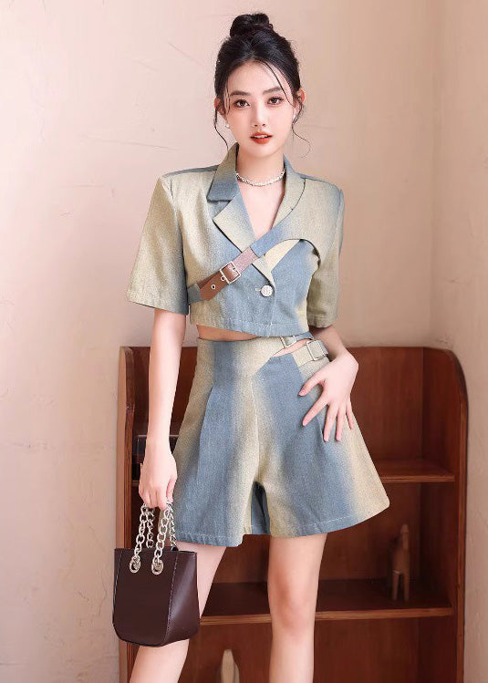 Natural Gradient Color Asymmetrical Denim Tops And Shorts 2 Piece Outfit Summer