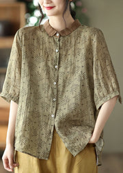 Natural Green Colorblock Print Linen Blouse Tops Half Sleeve